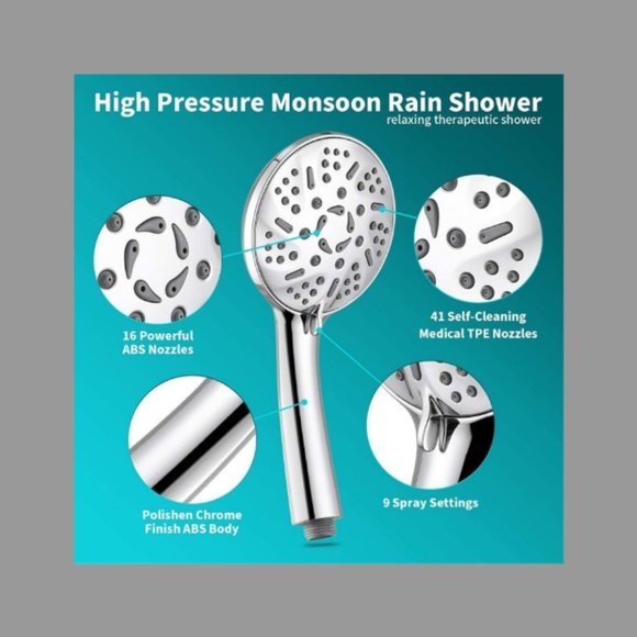 HIGH PRESSURE BATHROOM SHOWER HEAD&60 INCH HOSE/ 9 SPRAY SETTINGS - Picture 5 of 5